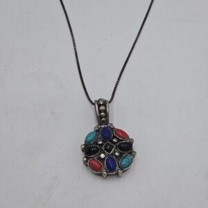 Vintage Thailand 925 Sterling Silver Onyx Turquoise Coral 18" Necklace Pendant